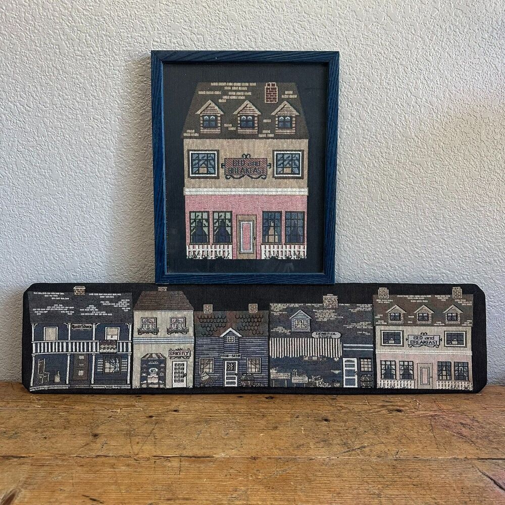 Vintage Handmade Fiber Wall Art Set 2 Pc Framed Town Bakery B&B House Embroidery